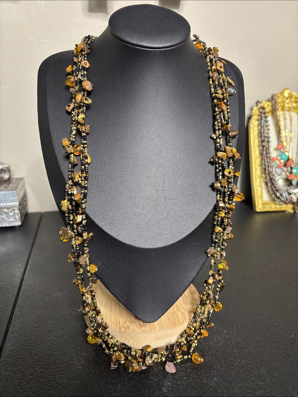 VTG Tigers Eye Glass Handcrafted Multi-Strand Amber Bead Necklace Boho Layered